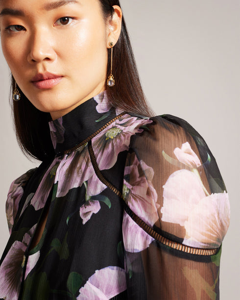 POHLLEY-Dresses-The POHLLEY dress is pure romance. Intricate ladder lace inserts add a touch of delicate detail to this midi, while the cropped lining and teardrop cut-out play with texture to keep the look fresh. Just add heels. Midi dress Paper flowers print Ladder lace inserts Cropped lining Sheer blouson sleeves Stand collar Teardrop neckline cut-out Zip and button fastening- Ted Baker Romania