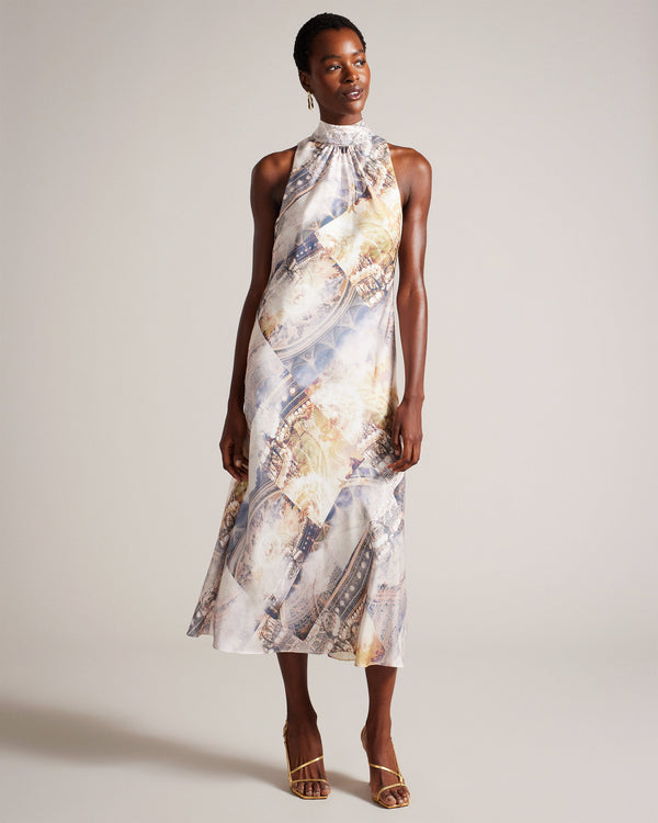 JACCIEE-Dresses-Adorned with an enchanting opera print, JACCIEE adds a touch of artistic flair to your look. Whether you're attending a special event, a gala, or a romantic evening out, our satin slip dress is the epitome of elegance and sophistication. Satin slip dress Stand collar Sleeveless Opera print Gathered neckline Full length neck tie Concealed zip fastening Length: 126cm Silvia is 5'11" / 1.8m and wears Ivory in a Ted size 1- Ted Baker Romania