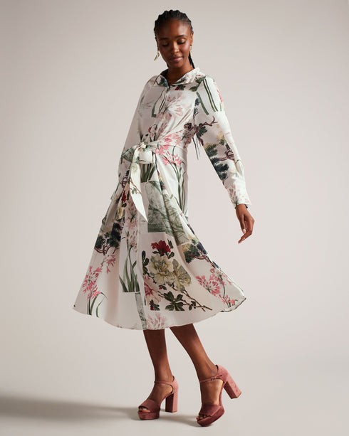 TTAYLA-Dresses-What's better than one floral print? TTAYLA. This shirt dress features our gorgeous floral collage print in a floaty easy-wearing silhouette. Midi dress Floral collage print Long shirt sleeves Waist tie Stand collar Concealed button placket Length: 126cm Ayo is 5'8" / 1.73m and wears Ivory in a Ted size 1- Ted Baker Romania