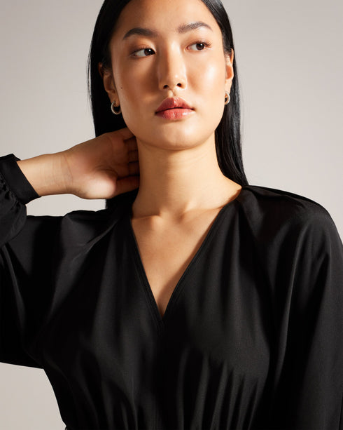 COMUS-Dresses-From a day in the office to evening drinks, COMUS has you covered. With its long sleeves and V-neck, it's effortlessly chic. Gathered shoulders add a touch of elegance to complete the look. Midi shirt dress Long sleeves V-neck Belted waist Gathered shoulders- Ted Baker Romania