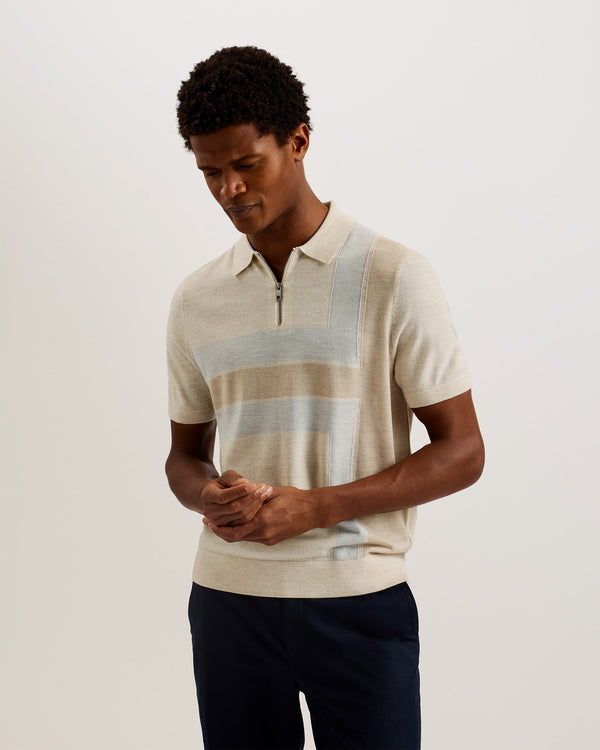 AMBLER-Knitwear-We've made the humble polo shirt into a statement with AMBLER. The colour block T-shape design with modern zip placket makes it the perfect piece to liven up your favourite jeans or casual chinos. It's made from 100% wool for a luxe finish, complete with a classic collar and short sleeves for style that's easy to wear. Polo shirt 100% wool Colour block T design Zip placket Classic collar Short sleeves O'Shea is 6'2.5" / 1.89m and wears Navy in a Ted size 3- Ted Baker Romania