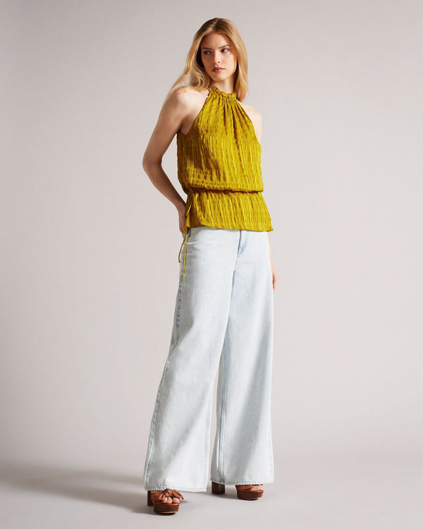 CLIARA-Tops-Make waves in CLIARA. Paired with tailored trousers for the office or dress it down for the weekend with your favorite pair of jeans, what really makes this halter top special is the shirred texture that complements the subtle peplum shape. Halter neck top Drawstring waist Shirred texture Self tie fastening Peplum waist Gathered neckline Karolina is 5'10" / 1.78m and wears Medium Yellow a Ted size 1- Ted Baker Romania